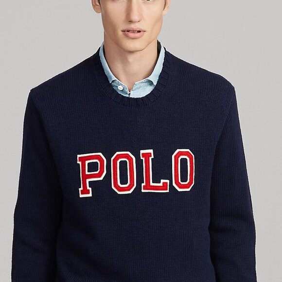 POLO Navy Logo Cotton Crewneck Jumper Sweater XLT - Picture 1 of 4